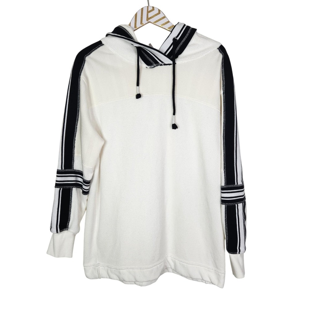 FREE PEOPLE Hoodie Sweatshirt Womens XS White Striped Oversized Terry Cloth